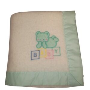 Vintage Cuddle Time Baby Blanket White Green Satin Trim Teddy Bear Blocks 34x44